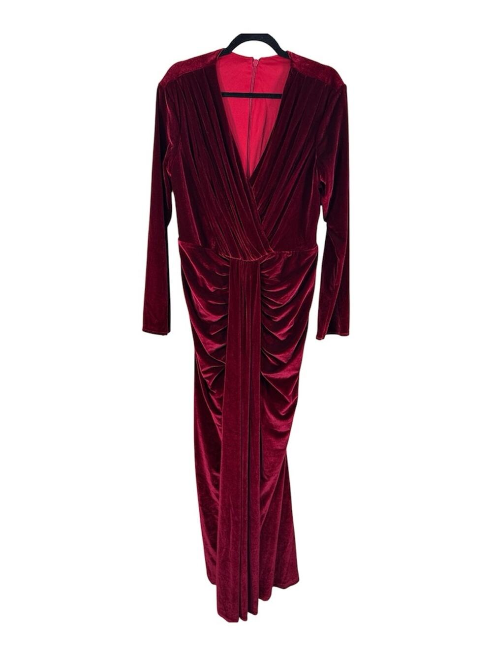 Burgundy Red Velvet Plunging Neckline Maxi Dress Gown Womens XL Holiday Party